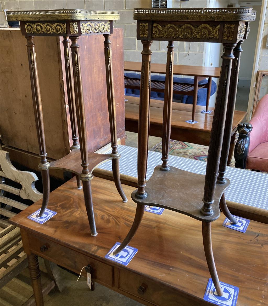 A near pair of French marble top two tier plant stands, larger width 30cm, depth 30cm, height 82cm